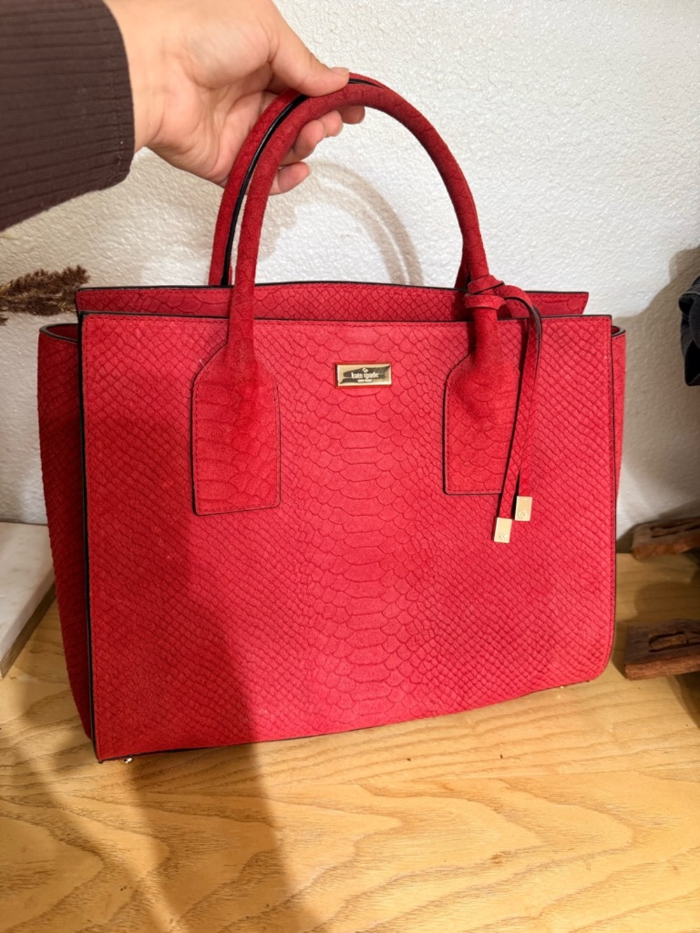 kate spade Red Textured Tote with Gold Accents
